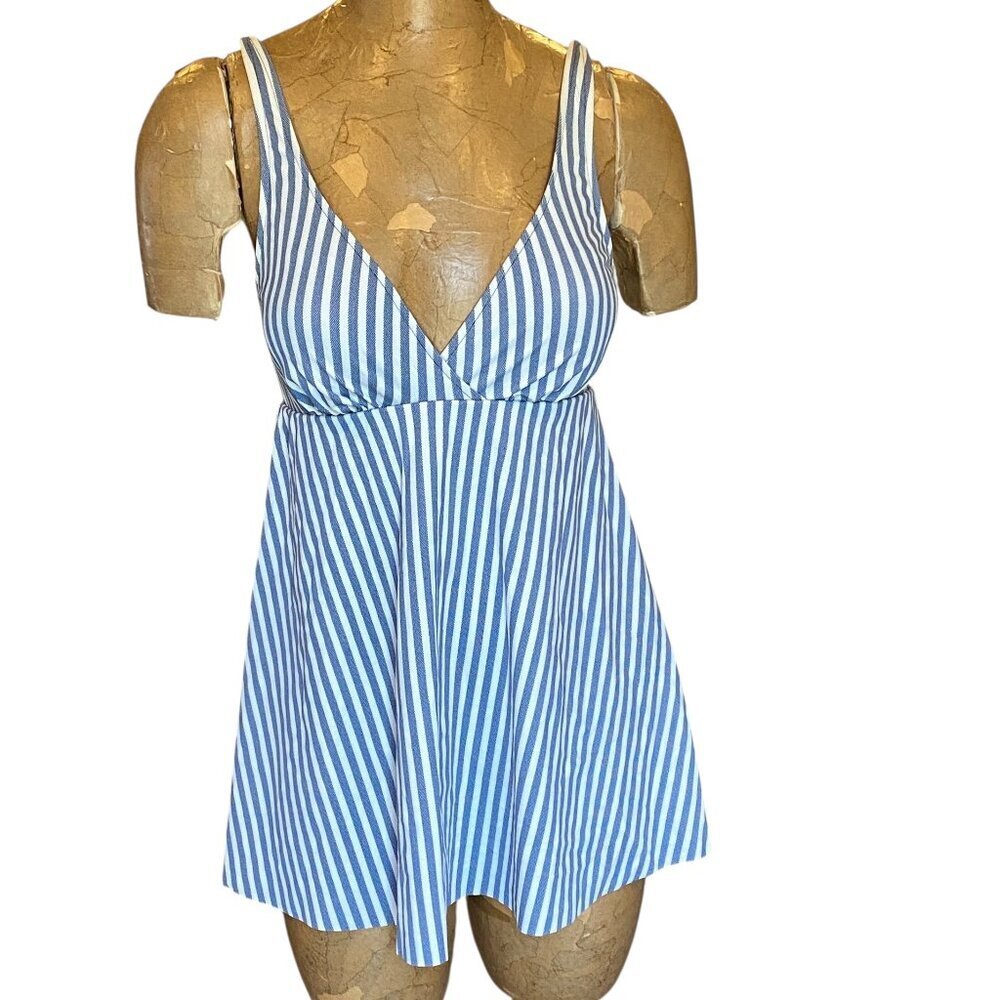 New Roatan Striped One-Piece‎ Swim Dress Sz M Blue & White #96R